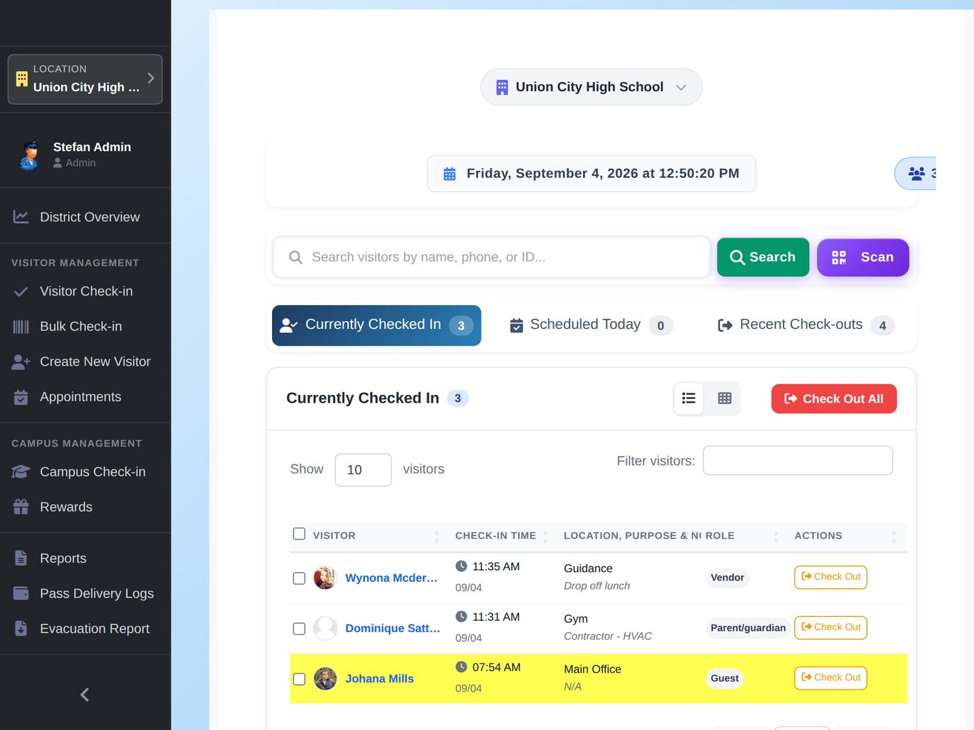 EduQueue check-in screen rendered at 1024 by 768 pixels: building selector, date and time, search box with Search and Scan buttons, and the Currently Checked In list with three visitors.